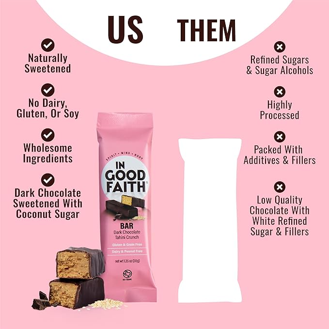 In Good Faith Dark Chocolate MapleTahini Crunch Bars Healthy Gluten Free Vegan Dairy Free Chocolate Bars (12 pack)
