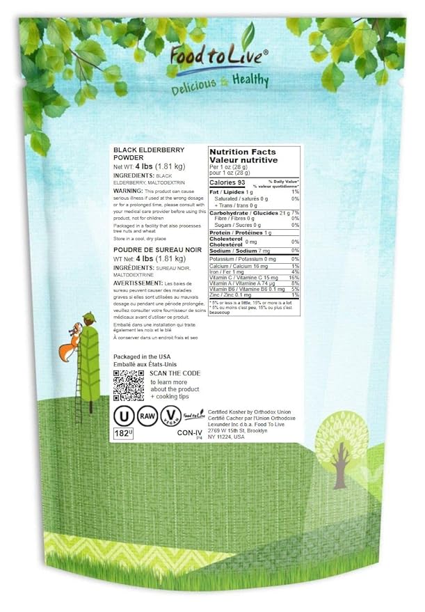 Food to Live Black Elderberry Juice Powder 4 Pounds - Raw Dried Berries Unsulfured Vegan Bulk For Baking Juices Smoothies Yogurts Instant Breakfast Drinks No Sulphites Contains Maltodextrin