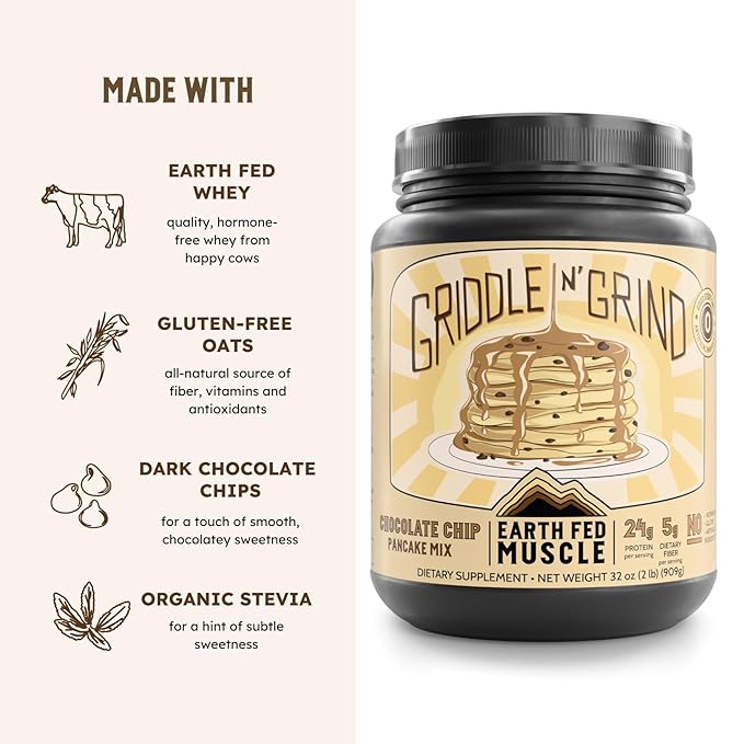 Earth Fed Muscle Griddle N' Grind Chocolate Chip Protein Pancake Mix &amp Waffle Mix – Protein Pancakes Gluten Free High Protein &amp Fiber Just Add Water – 2lbs 13 Servings