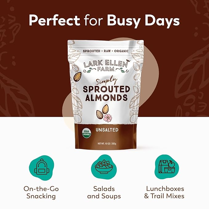 Lark Ellen Farm Organic Sprouted Almonds Unsalted – USDA Organic Raw Vegan Gluten-Free Non-GMO Paleo-Friendly Plant-Based Protein Snack Resealable Bag to Retain Freshness 10 oz (3-Pack)
