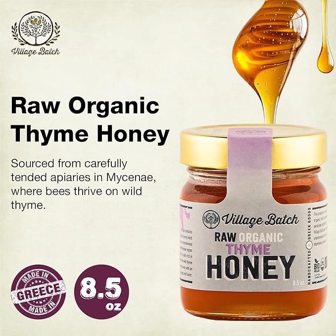 Village Batch Raw Organic Thyme Honey 8.5oz (Pack of 1) Jar from Mycenae Unheated and Unpasteurized Greek-Honey Light Amber Rich Flavor and Intense Floral Aroma