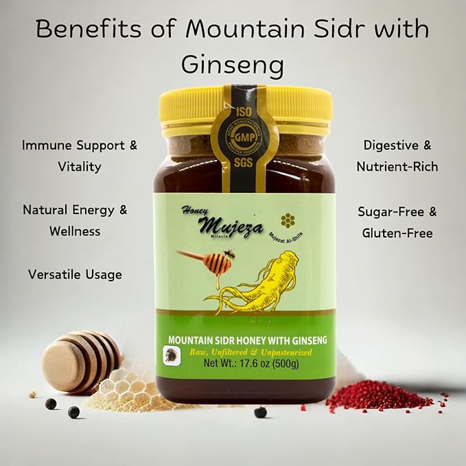 Mujeza Raw Mountain Sidr Honey with Red Korean Ginseng Royal Jelly Bee Propolis Palm Pollen Black Seed Powder 500g/17.6oz - Immune Booster Sugar &amp Gluten Free - Men &amp Women - Mujezat Al-Shifa