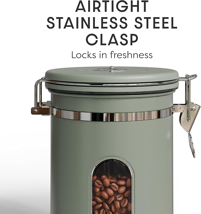 Veken Coffee Canister with Window Easter Gifts Airtight Stainless Steel Container with Lids Home Kitchen Food Storage Jars for Grounds Beans Tea Flour Cereal Sugar Basket Scoop 22OZ Green