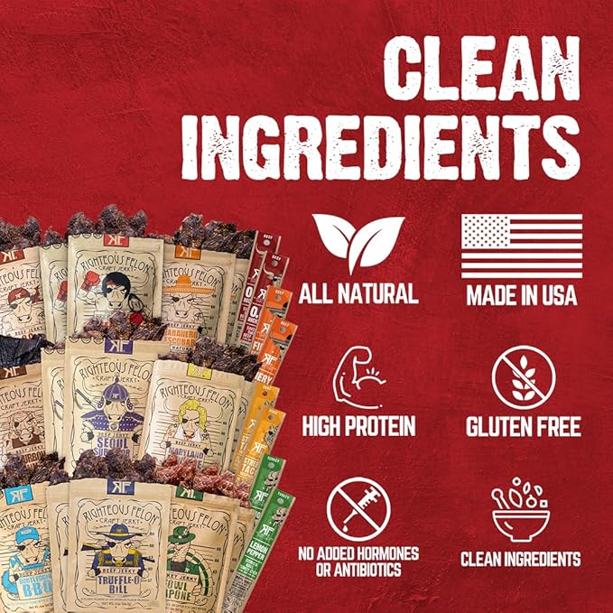 Righteous Felon Beef Jerky and Meat Sticks Variety Pack High Protein Low Carb Low Sugar Gluten Free Healthy Snacks for Adults and Kids Made with Premium Meats Gifts for Men (Noah's Ark 26 Pack)