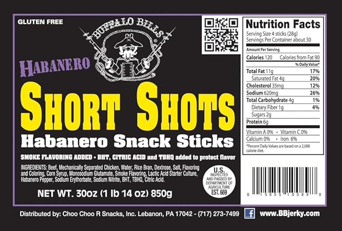 Buffalo Bills Habanero Short Shots (120 beef and chicken 3.5” snack sticks per 30oz bag)