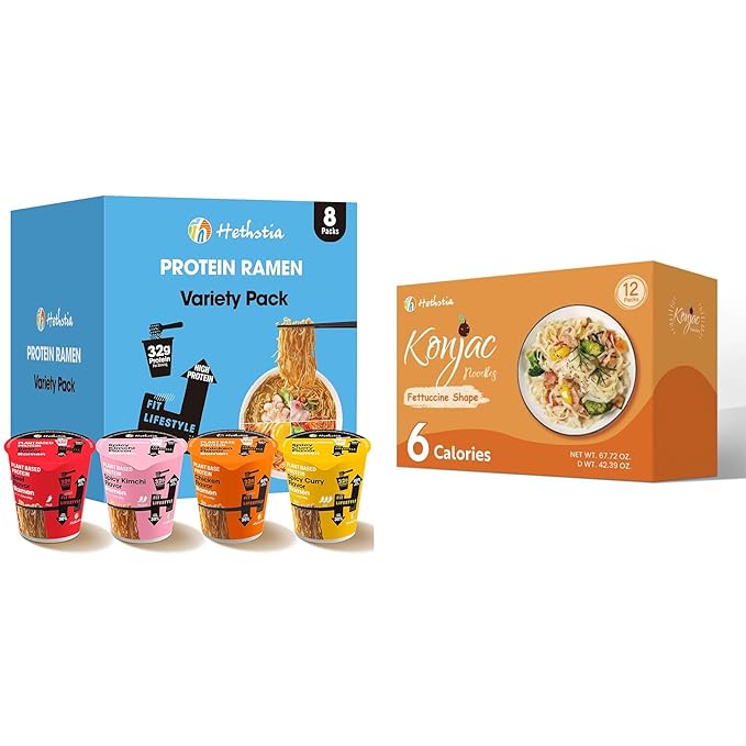 Hethstia High Protein Ramen Cup &amp Konjac Fettuccine Bundle 8-Pack Vegan Protein Ramen Soup Cups + 12-Pack Shirataki Fettuccine Pasta Low Carb Low Calorie Gluten-Free Plant-Based Healthy Meal