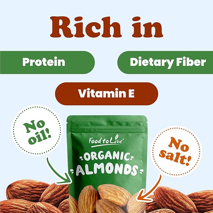 Food to Live Organic Dry Roasted Almonds 1.5 Pounds – Non-GMO Unsalted Vegan Keto Paleo Kosher Bulk High in Protein Dietary Fiber Vitamin E Copper Manganese Magnesium and Riboflavin.