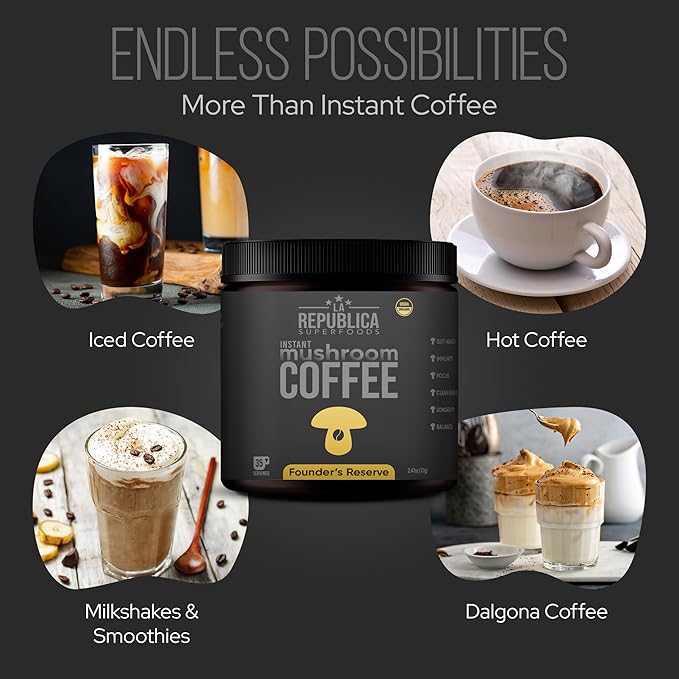 La Republica Founders Reserve Instant Mushroom Coffee Organic (35 Servings) Full Fruiting Bodies 50% More Shrooms Small Batch