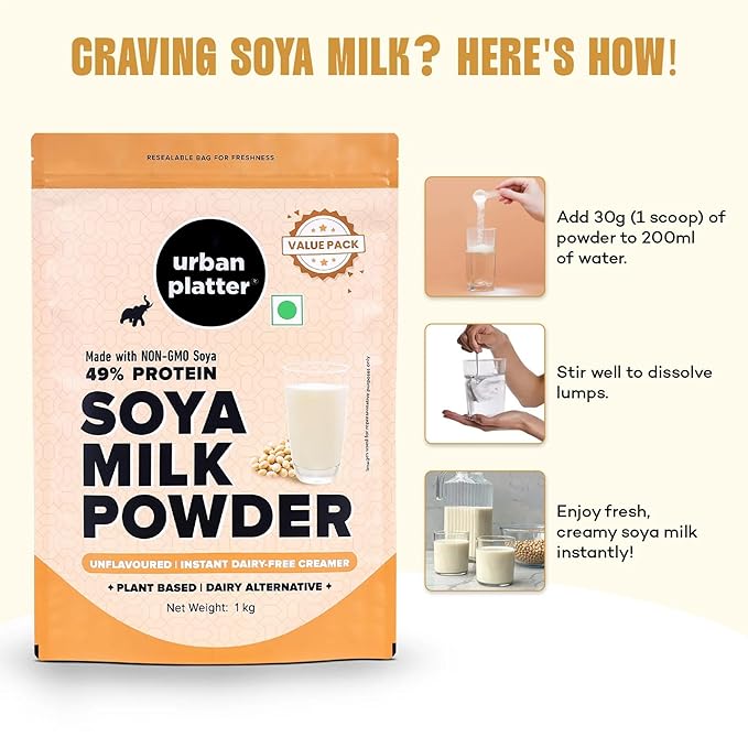 Urban Platter Soya Milk Powder | 35.27 Oz (1kg) | 49% Plant Protein | Unflavored Soy Milk for Coffee Tea Smoothies Baking &amp Cooking | Non-GMO Dairy-Free Vegan