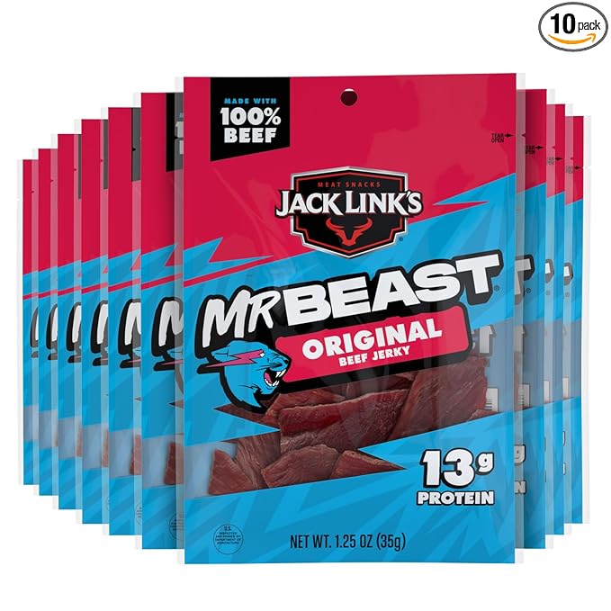 Jack Link's x MrBeast Original Beef Jerky - (10 Pack) 1.25 oz Bags - Ready to Eat Protein Snacks - 13g Protein per Serving - Made with 100% Real Beef