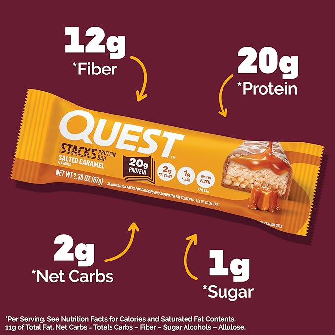 Quest Nutrition Stacks Protein Bars Salted Caramel Flavor 20g Protein 2g Net Carbs 1g Sugar High Fiber Low Sugar Gluten Free 12 Count
