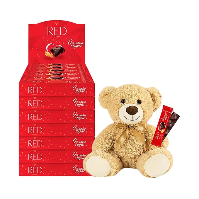 RED Delight®™ Orange and Almond Dark Chocolate 12 Count Box of Grab N Go Travel Size Bars (0.92 Ounces Each) (7 Boxes - Total of 84 Bars + 14 Plush Teddy Bear)