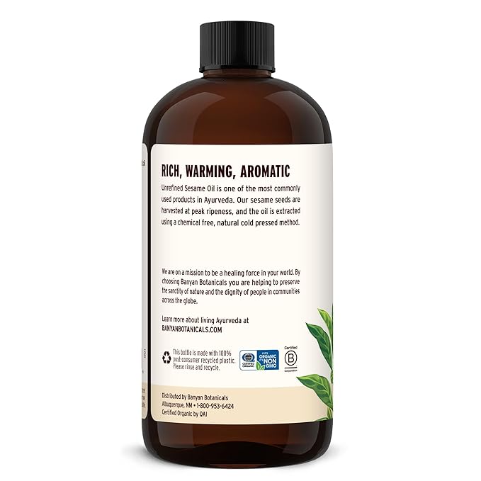 Banyan Botanicals Organic Unrefined Sesame Oil – Rich &amp Warming Ayurvedic Massage Oil for Body &amp Scalp – Traditional Abhyanga Oil for Deep Tissue Grounding &amp Recovery – 24 oz – USDA Organi