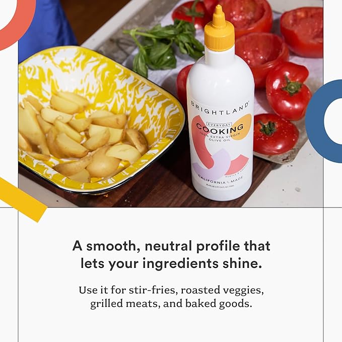 Brightland Everyday High-Heat Cooking Oil Roasting Grilling &amp Baking - 100% Extra Virgin Olive Oil with Squeeze Bottle - High Polyphenol - Sourced from California Family Farms - 750ml