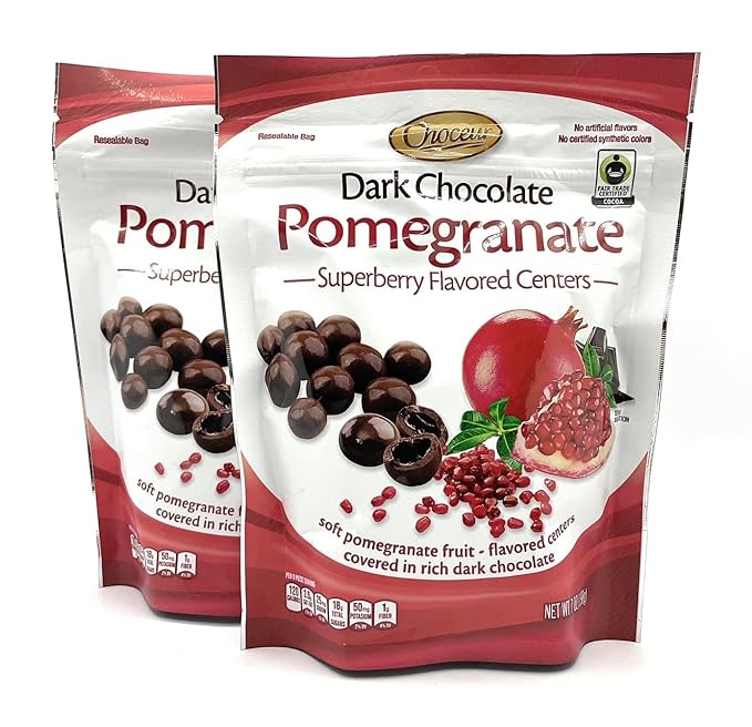 2-PACK Superberry Pomegranate Gourmet Dark Chocolate Bonbons – Fair Trade Certified Premium Dark Chocolate with Soft Chewy Center No Artificial Colors or Flavors 7oz. resealable bag x 2 = 14 oz. tota