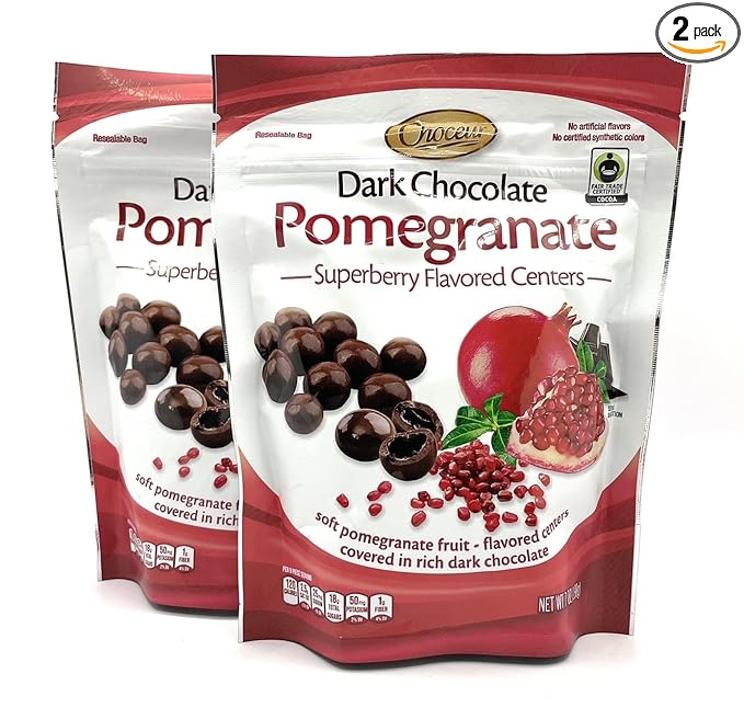 2-PACK Superberry Pomegranate Gourmet Dark Chocolate Bonbons – Fair Trade Certified Premium Dark Chocolate with Soft Chewy Center No Artificial Colors or Flavors 7oz. resealable bag x 2 = 14 oz. tota
