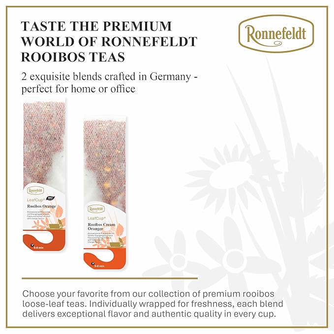 Ronnefeldt LeafCup Rooibos Orange Chai – Naturally Caffeine-Free Red Herbal Tea with Natural Orange Flavoring – Set of 4 Boxes – 60 Individually Wrapped Loose Leaf Tea Bags – Packed in Germany