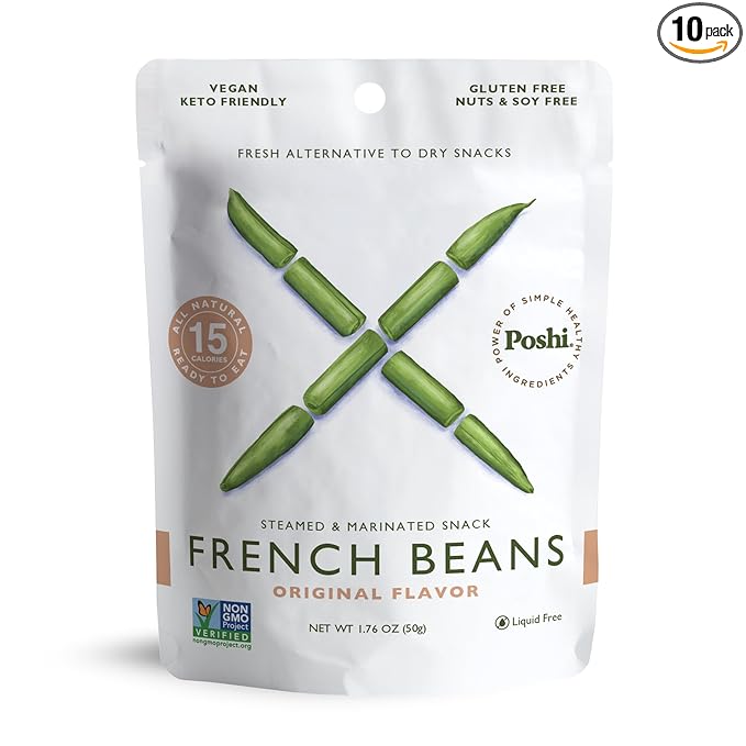 POSHI Marinated French Green Bean Snack Pack | Original Flavor | Keto Vegan Paleo Non GMO Low Carb + Calorie Gluten Free Fully Cooked Vegetables Gourmet Healthy All Natural (10 Pack 1.76 oz)
