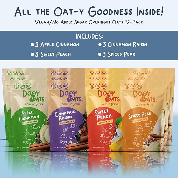 Dozy Oats Overnight Oatmeal Packets Vegan/No Added Sugar Variety Box with Rolled Oats Chia Seeds Date Powder and Dried Fruit. Gluten-Free Natural Source of Protein and Fiber 12-Pack