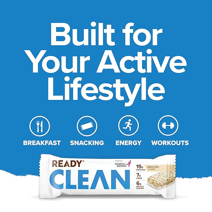 Ready® Protein Bars – High-Protein Snack with 15g Whey Protein With Flaxseeds and Omega-3s for Sustained Energy Supports Lean Muscle and Recovery – Vanilla Swirl 12 Pack