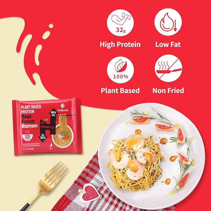 Hethstia High-Protein Ramen Spicy Beef Flavor With 32g Plant-Based Protein 6-Pack Instant Healthy Ramen Noodle Soup Non-Fried Non-GMO Low Fat Vegetarian-Friendly