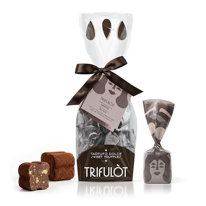 TartufLanghe Trifulot Dark Chocolate Truffles with Piedmont Hazelnuts - Crunchy Black Praline Gourmet Italian Truffle Candy Fancy Chocolate Gift Bag From Italy Dairy Free - 6.34 oz