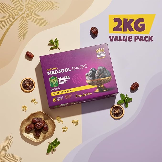 Sahara Gold Medjool Dates - Whole Sticky Gluten-Free Natural Sweet &amp Delicious Non-Pitted Dates Medjool - Soft Plump High Fiber Fruit For Ramadan Snacking &amp Smoothies 4.4 Lb (2kg)