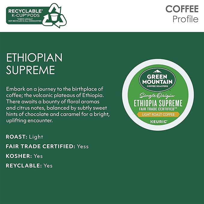 Green Mountain Coffee Ethiopia Supreme Keurig Single-Serve K Cup Pods Light Roast Coffee Ethiopia Supreme 72 Count