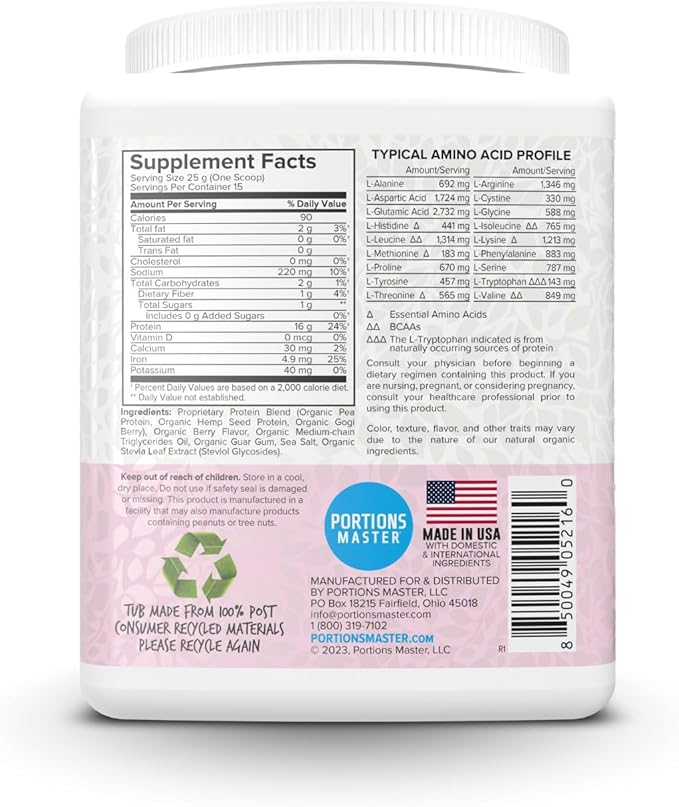 Portions Master Vegan Protein Blend Complete Plant Based Protein Powder with Pea Hemp Seed Goji Blend Medium Chain Triglycerides (375g Berry)