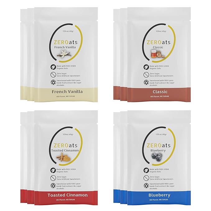 ZEROats Organic Oatmeal - Zero Sugar Vegan Oats Sweetened With Monk Fruit (Variety 12 Pack)