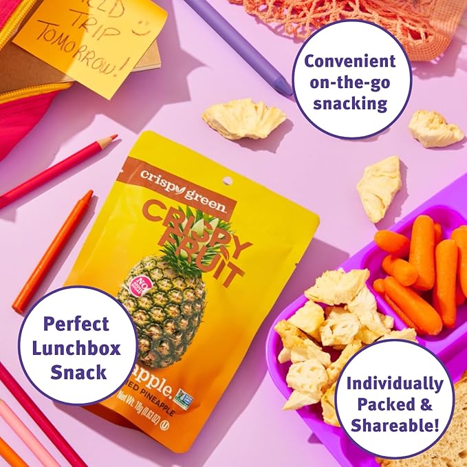 Crispy Green Freeze-Dried Pineapple Fruit Snacks 0.63 Oz (Pack of 12) 100% Pure Fruit All-Natural No Added Sugar Single-Serve Bags for Healthy Snacks &amp School Lunches
