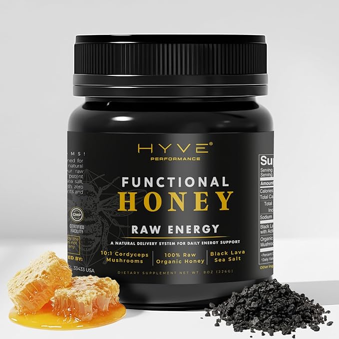 HYVE Functional Pre-workout Raw Energy Honey with Organic Cordyceps Mushrooms Black Lava Sea Salt &amp Organic Honey – Natural Energy Boost 8 Ounce Jar