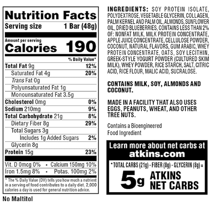 Atkins Blueberry Greek Yogurt Protein Meal Bar High Fiber 15g Protein 3g Sugar 5g Net Carbs Meal Replacement Keto Friendly 5 Count