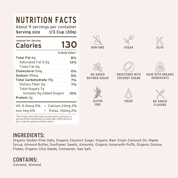 Purely Elizabeth Maple Almond Butter Ancient Grain Granola No Artificial Flavors Vegan Friendly Gluten Free &amp Non-GMO 10 Ounce (Pack of 6)
