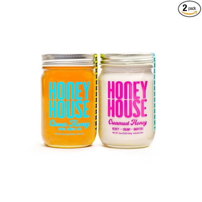 Honey House Pure Raw Clover &amp Smooth Creamed Combo | 100% Natural Unfiltered Additive-Free | Premium American Bee Farm | Perfect for Cooking Spreading &amp Sweetening | 2-pack