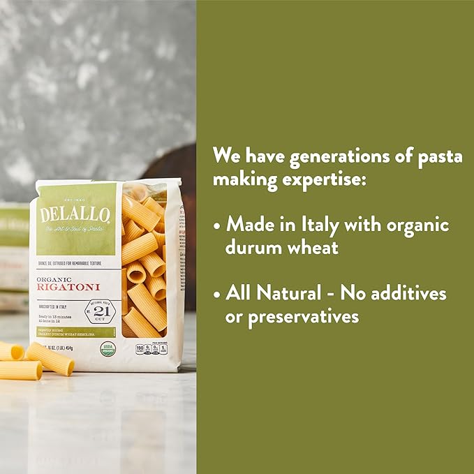 DeLallo Organic Rigatoni Pasta Made with 100% Semolina Durum Wheat Flour Bronze Cut Made in Italy Non-GMO Preservative Free Large Tube Pasta for Baked Dishes 1 Pound Bag (16 Pack)