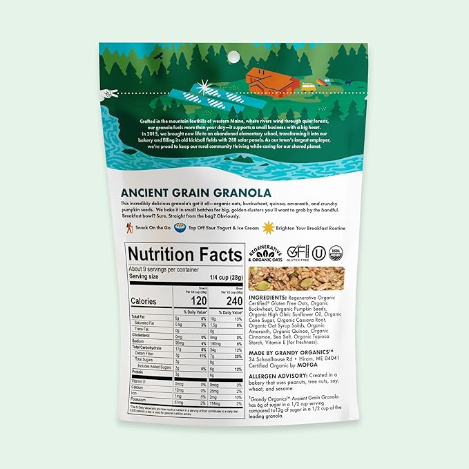 Grandy Organics Ancient Grain Granola - 6g Protein Snackable Granola Clusters - Whole Grain Low Sugar Gluten Free Non-GMO Certified Organic Healthy Snacks - Pack of 6
