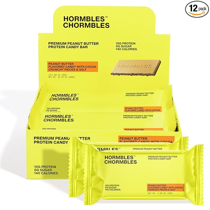 Hormbles Chormbles Protein Candy Bars Peanut Butter 10g Protein 0g Sugar 140 Calories Peanut Butter Candy With Cocoa Crunchy Pieces Sugar Free Snacks or Dessert 1.06 Oz 12 Pack