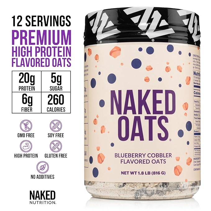 Naked Oats - Blueberry Cobbler Overnight Oats 20g Grass-Fed Protein Gluten-Free Oatmeal Instant Breakfast or Shake High Protein Oatmeal High Fiber Breakfast Shake Non GMO No Soy - 12 Servings