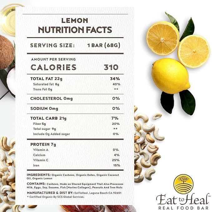 EatToHeal Lemon Real Food Bar - Organic Vegan Healthy Gluten Free Protein Bars - Low Sugar Meal Replacement Bar Non GMO Never Baked Plant Based - Crafted to Enjoy Not Sit on Shelves