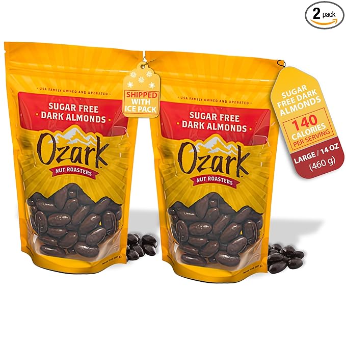 OZARK NUT ROASTERS Sugar-Free Dark Almonds Dark Chocolate Flavored Snacks No Sugar Added World-Class Gourmet Candied Nuts Resealable Pack of 2 (14 oz)