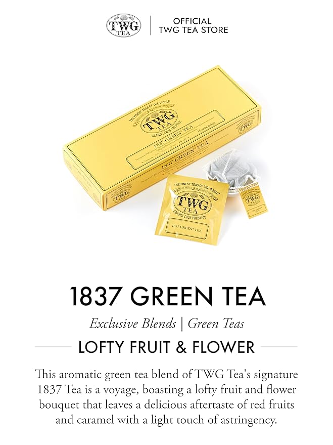 TWG Tea | 1837 Green Tea | Green Tea | Strawberry &amp Caramel | 15 Hand Sewn Cotton Tea Bags | Gift Set