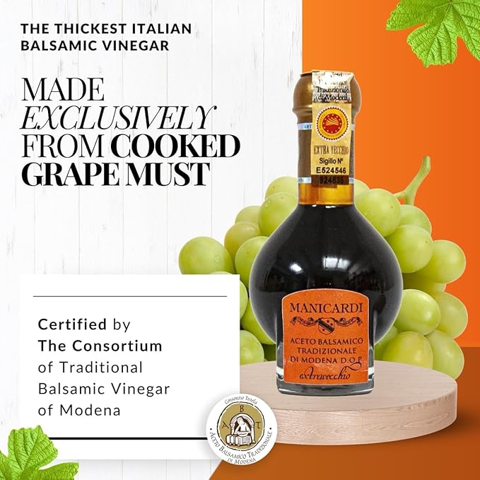 MANICARDI Extra Aged Balsamic Vinegar of Modena PDO - 25 Years - Perfect for Snacks Pasta Vegetables Salad Dressings and Meat - Made in Italy - 3.38 Fl Oz (100 ml)