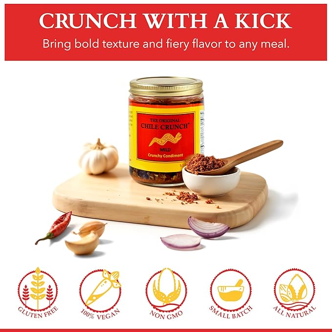 CHILE CRUNCH - Mild Spicy Crunchy Condiment - All Natural Roasted Chili Peppers Garlic &amp Onion Crisp Sauce - Vegan Gluten-Free No Preservatives - Homemade Authentic Mexican Recipe 5.5oz (3 Pack