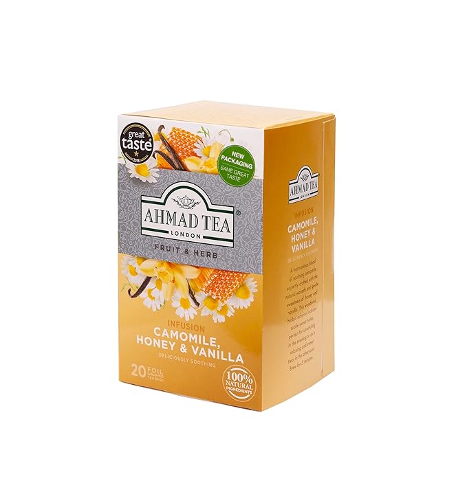 Ahmad Tea Herbal Tea Camomile Honey &amp Vanilla Teabags 20 ct (Pack of 6) - Decaffeinated &amp Sugar-Free