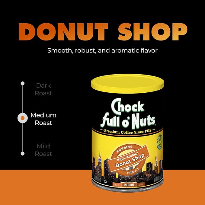 Chock Full o' Nuts Donut Shop Ground Coffee – Premium Beans in Recyclable Steel Can – Rich Flavor &amp Aroma Medium Roast – Perfect for Drip Pour-Over Percolator – 10.2 Oz Can