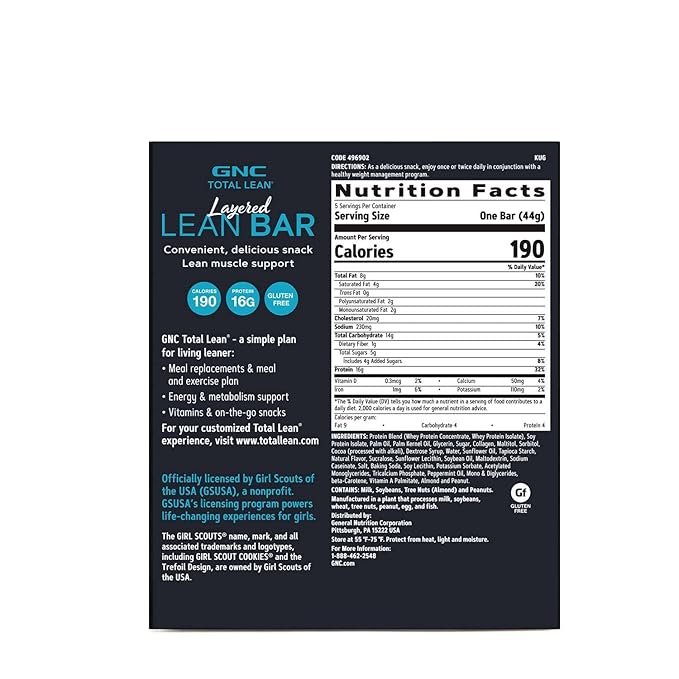 GNC Total Lean Layered Lean Bar | Hunger Satisfying High Protein Snack Bar | Girl Scouts Thin Mints | 5 Bars Per Box
