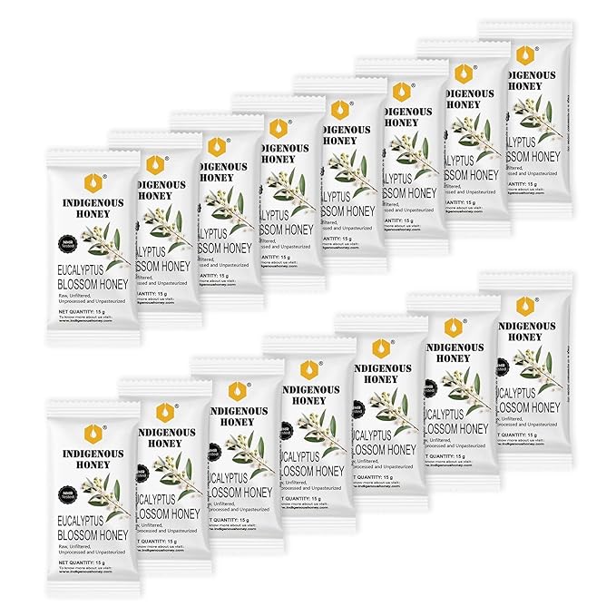 INDIGENOUS HONEY Organic Eucalyptus Honey Natural Raw Pure Unprocessed Added Sugar Free NMR Tested Unpasteurized Unheated 15 Travel Sachets 15g Each Total 225g