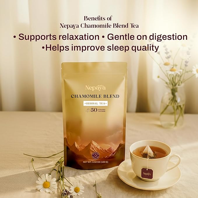 Nepaya Chamomile Herbal Tea Bags – 50 Count Pyramid Bags Himalayan Chamomile &amp Lemongrass Blend Biodegradable Caffeine-Free Sleep Tea for Relaxation and Bedtime Calm from Nepal