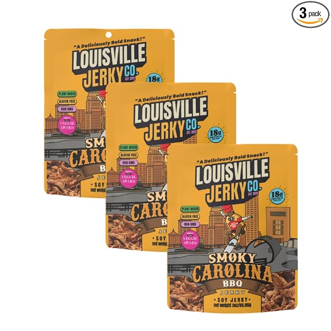 Louisville Jerky Co. Sweet &amp Smoky Carolina Mustard BBQ Vegan Jerky Plant Based Protein Snack (3 Ounce 3-Pack) – Smoky Southern BBQ Flavor Gluten-Free Vegetarian